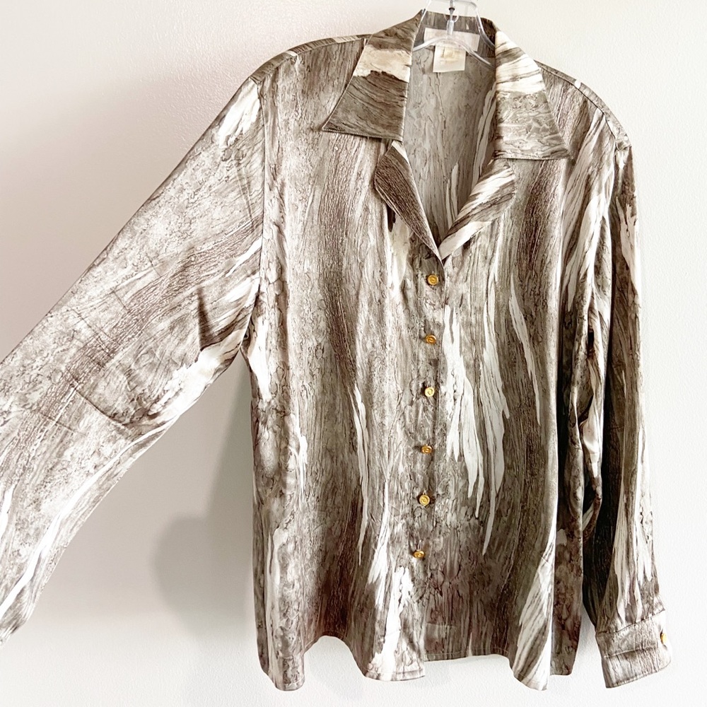 Escada Silk Blouse Taupe Cream Marble Print Button Up Shirt Top Size 44 14 - Picture 3 of 10